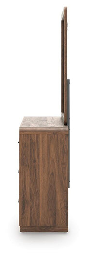Ashley Furniture Fortlorn dresser with matching mirror, featuring a modern wooden design and silver hardware.