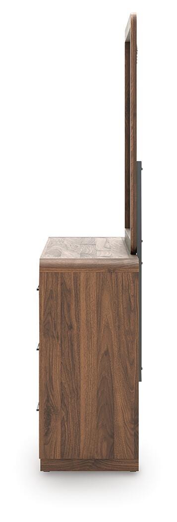 Ashley Furniture Fortlorn dresser with matching mirror, featuring a modern wooden design and silver hardware.