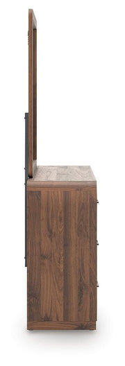 Ashley Furniture Fortlorn dresser and mirror set with sleek wood finish and modern design, featuring multiple drawers and a matching mirror.