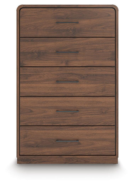 Ashley Furniture Fortlorn chest of drawers with sleek wood finish and multiple storage drawers, viewed head-on.