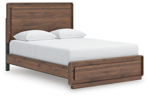 Ashley Furniture Fortlorn Bed with a modern wooden frame, shown from an angled side view in a cozy bedroom setting.