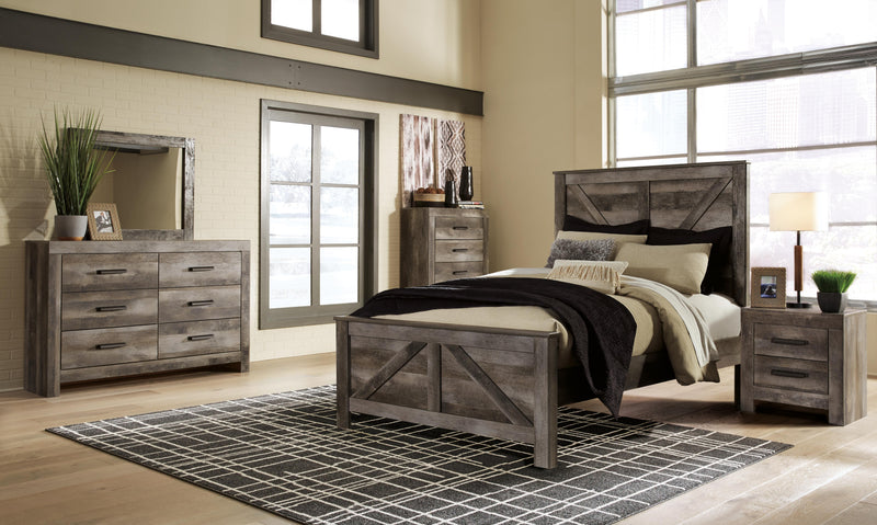 Ashley Furniture Wynnlow bedroom set featuring a bed frame, nightstands, dresser, and mirror in a modern bedroom style.