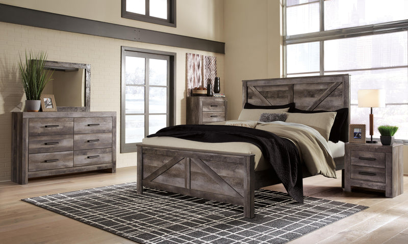 Ashley Furniture Wynnlow bedroom set featuring a bed frame, nightstands, and dresser in a modern, elegant bedroom scene.