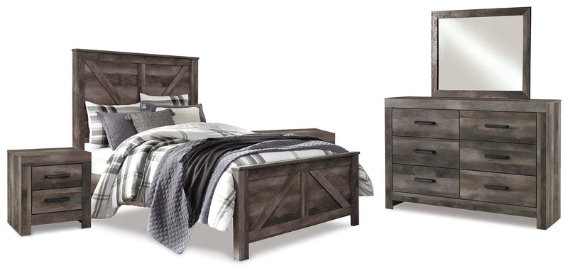 Ashley Furniture Wynnlow bedroom set featuring a bed, nightstands, and dresser in a modern design with warm wood finish.