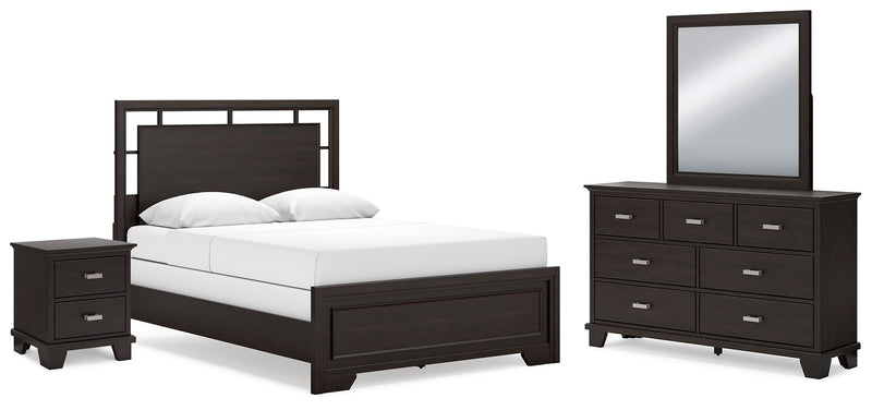 Ashley Furniture Covetown bedroom set including bed frame, nightstands, and dresser in a stylish bedroom arrangement.