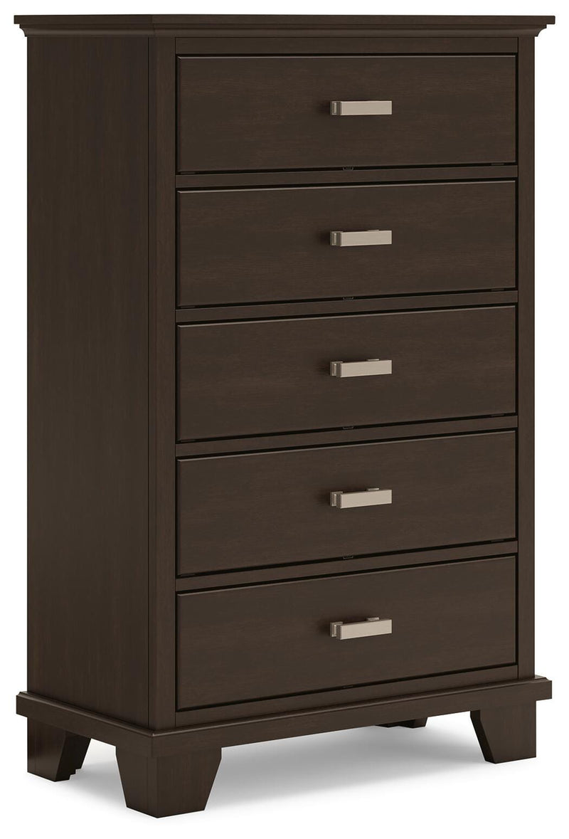 Ashley Furniture Covetown Chest of Drawers, wooden storage chest with multiple drawers, angled view showing handles and finish.