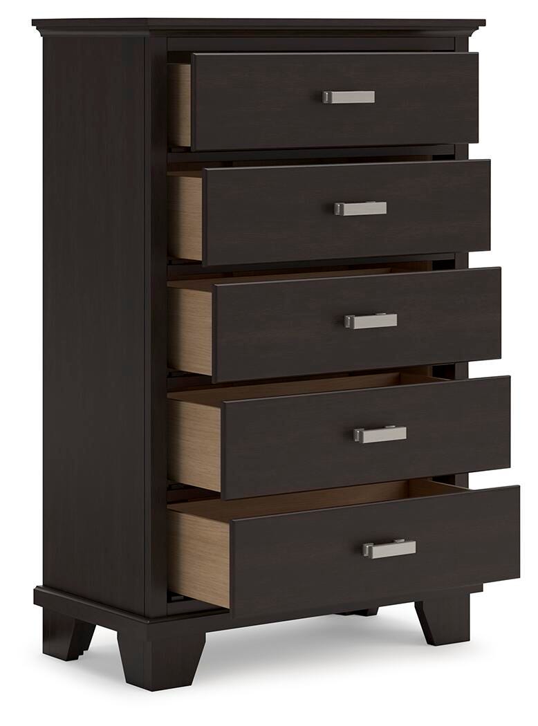 Ashley Furniture Covetown chest of drawers, angled open view showing wooden finish and spacious drawers.