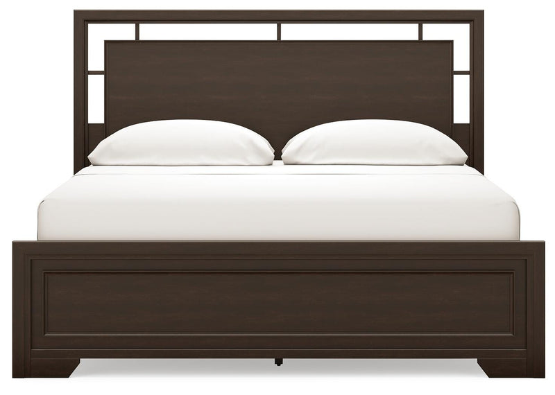 Ashley Furniture Covetown bedroom set with a bed, nightstands, and dresser in a modern design, shown from a head-on view.
