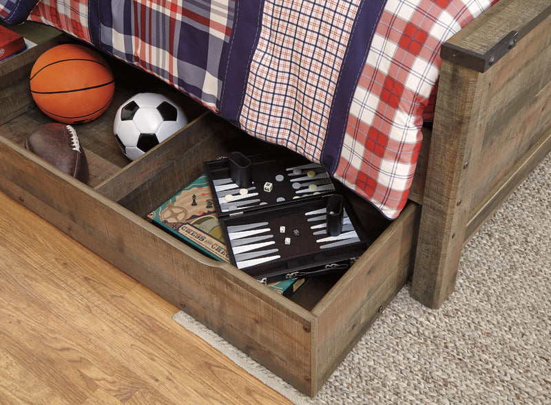 Ashley Furniture Trinell Bed with Storage, featuring a dark wood finish and built-in drawers for convenient bedroom storage.