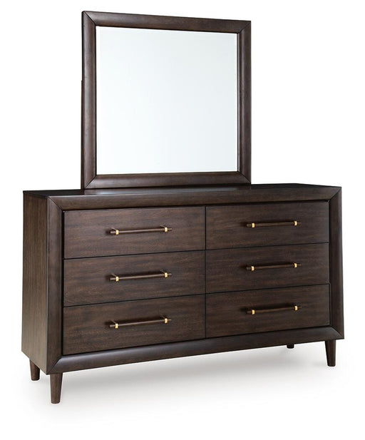 Ashley Furniture Dantenton dresser with matching mirror, featuring wood finish and classic design, shown from an angled side view.