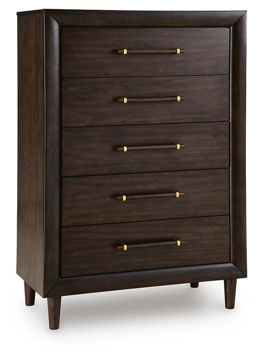 Ashley Furniture Dantenton Chest of Drawers, angled view showing wood finish and multiple spacious drawers.