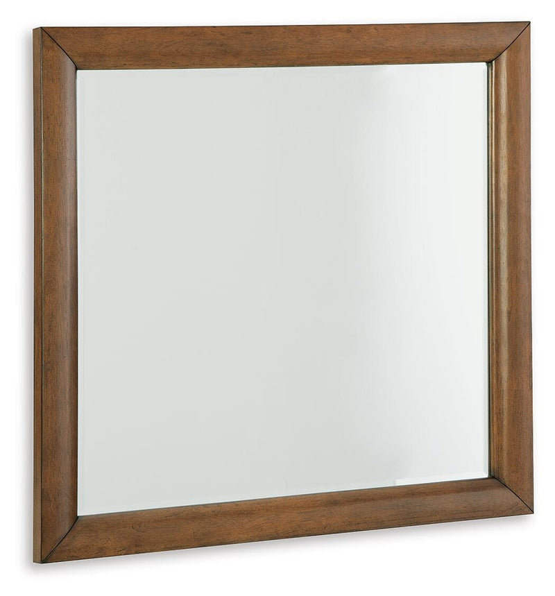 Ashley Furniture Lyncott bedroom mirror, angled view showing sleek wooden frame and reflective glass surface.