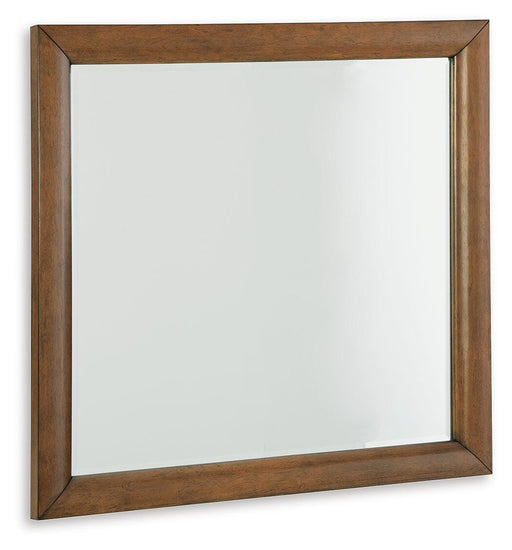 Ashley Furniture Lyncott bedroom mirror, angled view showing sleek wooden frame and reflective glass surface.