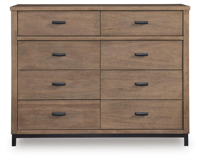 Ashley Furniture Tomtyn dresser with sleek wood finish and multiple drawers, shown from a front head-on view.