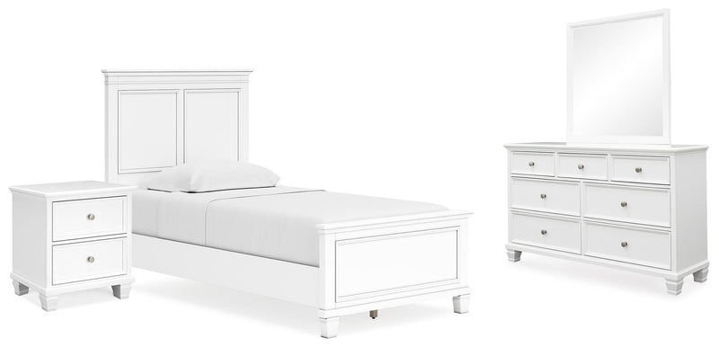 Ashley Furniture Fortman bedroom set with a modern bed frame, dresser, and nightstands in a stylish bedroom interior.
