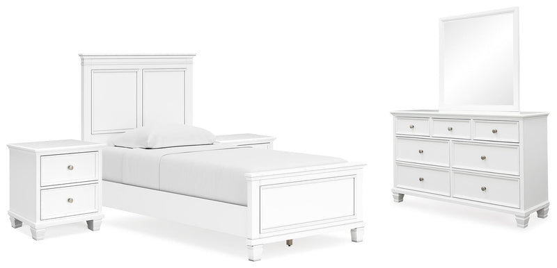 Ashley Furniture Fortman bedroom set with a bed, matching nightstands, and dresser in a modern bedroom setup.