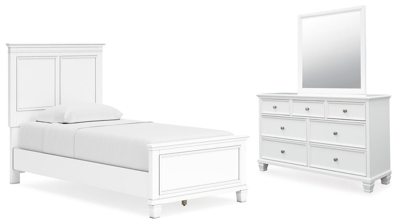 Ashley Furniture Fortman bedroom set featuring a bed frame, matching nightstands, and dresser in a modern bedroom layout.