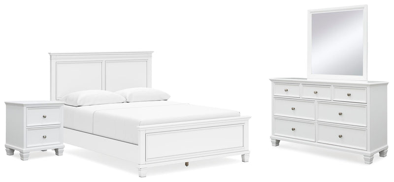 Ashley Furniture Fortman bedroom set featuring a modern bed frame with matching nightstands and dresser in a stylish bedroom scene.