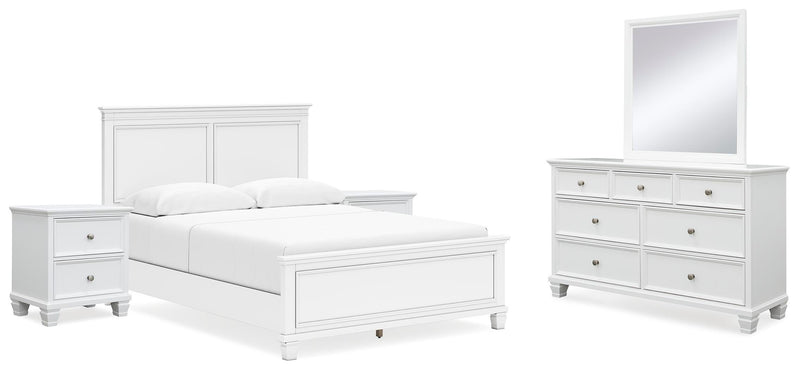 Ashley Furniture Fortman bedroom set with bed, nightstands, and dresser in a modern bedroom scene.