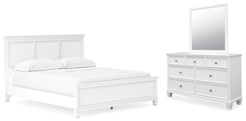 Ashley Furniture Fortman bedroom set featuring a bed, nightstands, and matching dresser with modern design and neutral finishes.
