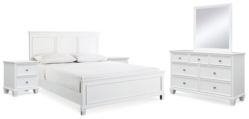Ashley Furniture Fortman bedroom set with a modern bed frame, matching nightstands, and a stylish dresser in a contemporary bedroom.