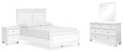 Ashley Furniture Fortman bedroom set featuring a bed frame, nightstands, and dresser in a modern design with neutral finishes.