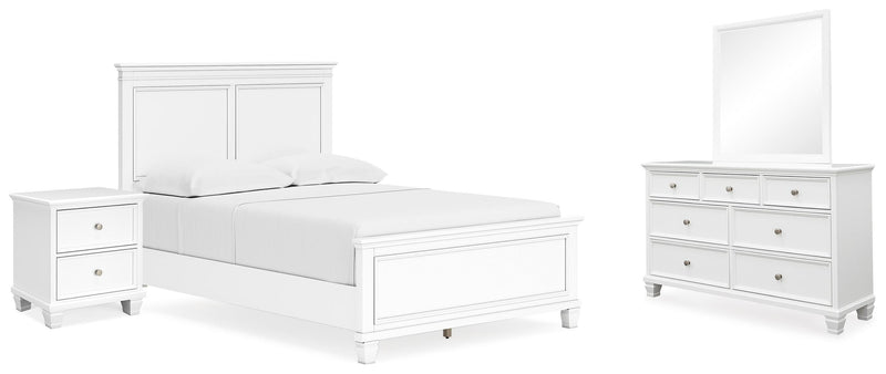 Ashley Furniture Fortman bedroom set featuring a bed frame, nightstands, and dresser in a modern design with neutral finishes.