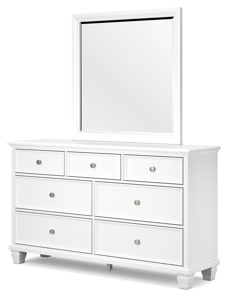 Ashley Furniture Fortman dresser and mirror set, showing a sleek wooden dresser with matching mirror against a neutral background.