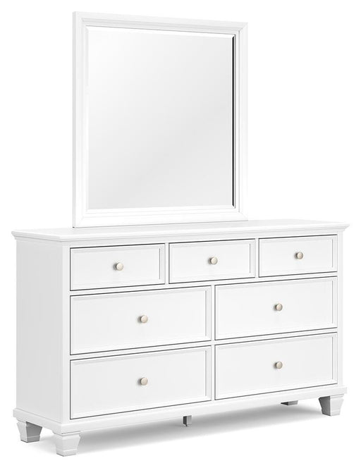 Ashley Furniture Fortman dresser and mirror set, showing a stylish wooden dresser with a matching mirror in a modern bedroom setting.