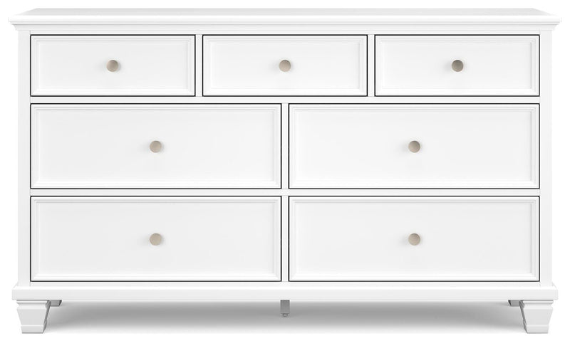 Ashley Furniture Fortman Dresser with sleek wood finish and multiple drawers, shown from a front head-on view.