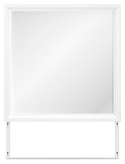 Ashley Furniture Fortman bedroom mirror showing a sleek, rectangular mirror with a simple frame, mounted on a wall in a bedroom setting.