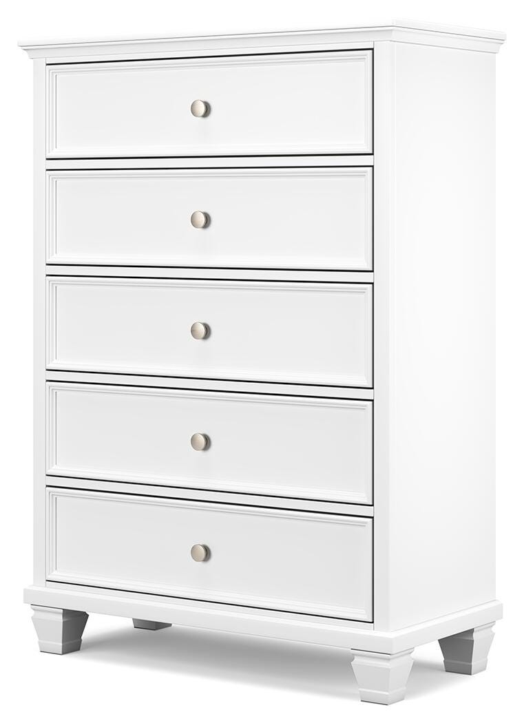 Ashley Furniture Fortman chest of drawers with a modern wood finish, shown from an angled view highlighting its sleek design.