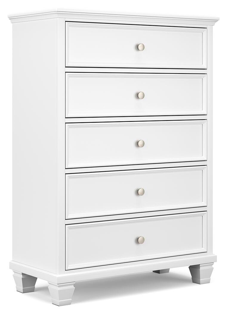 Ashley Furniture Fortman chest of drawers with a sleek wood finish, angled design, and multiple storage drawers.