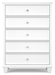 Ashley Furniture Fortman chest of drawers, wooden storage chest with multiple drawers, head-on view showing the front design.