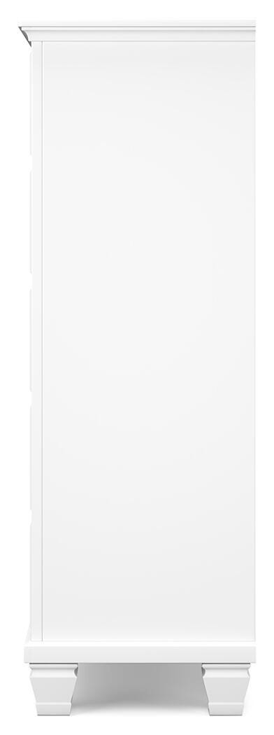 Ashley Furniture Fortman chest of drawers with a sleek wooden finish and modern design, shown from a side angle.