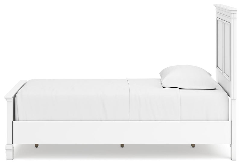 Ashley Furniture Fortman Bed showing a stylish wooden bed frame with a dark finish and modern design in a bedroom setting.