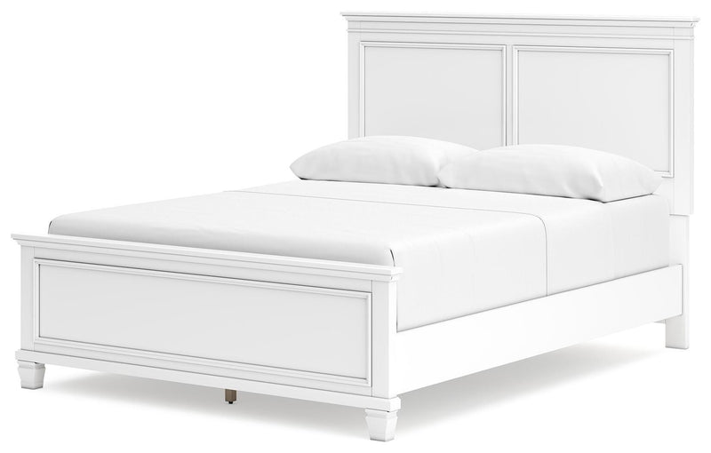 Ashley Furniture Fortman Bed with upholstered headboard and wooden frame, shown from an angled view.