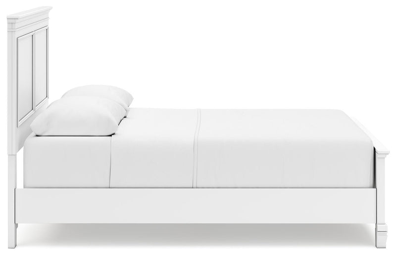 Ashley Furniture Fortman bed with a wooden frame and side panels, showcasing a modern bedroom design.
