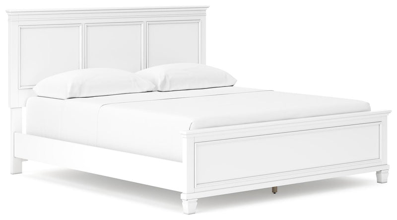 Ashley Furniture Fortman bed with a sleek upholstered headboard and wooden frame, shown from a side angle.