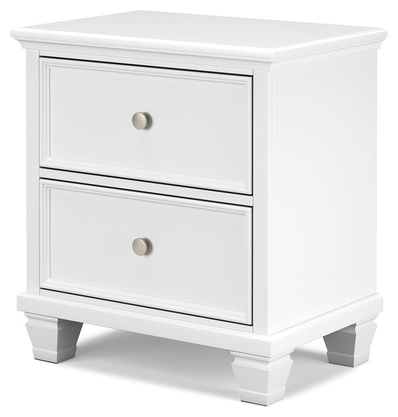 Ashley Furniture Fortman nightstand with a modern design, featuring a dark wood finish and sleek metal handles.