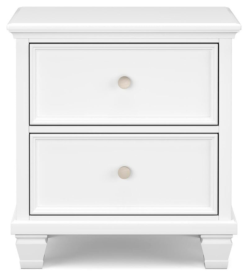 Ashley Furniture Fortman nightstand with a dark wood finish and modern design, featuring a single drawer and open shelf.