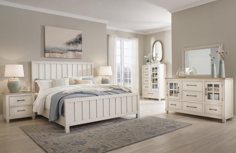 Ashley Furniture Shaybrock bedroom set with matching bed frame, nightstands, and dresser in a modern wood finish.