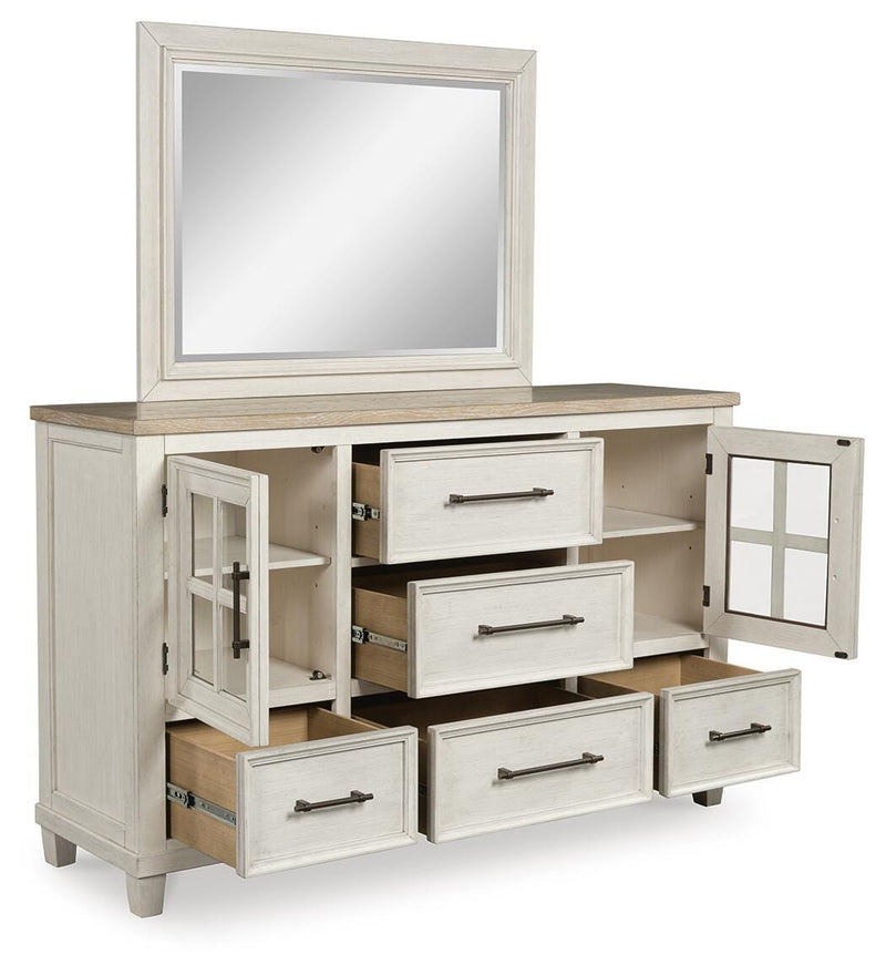 Open-angle view of the Ashley Furniture Shaybrock bedroom set, showcasing the bed frame, nightstands, and coordinating bedroom furniture.