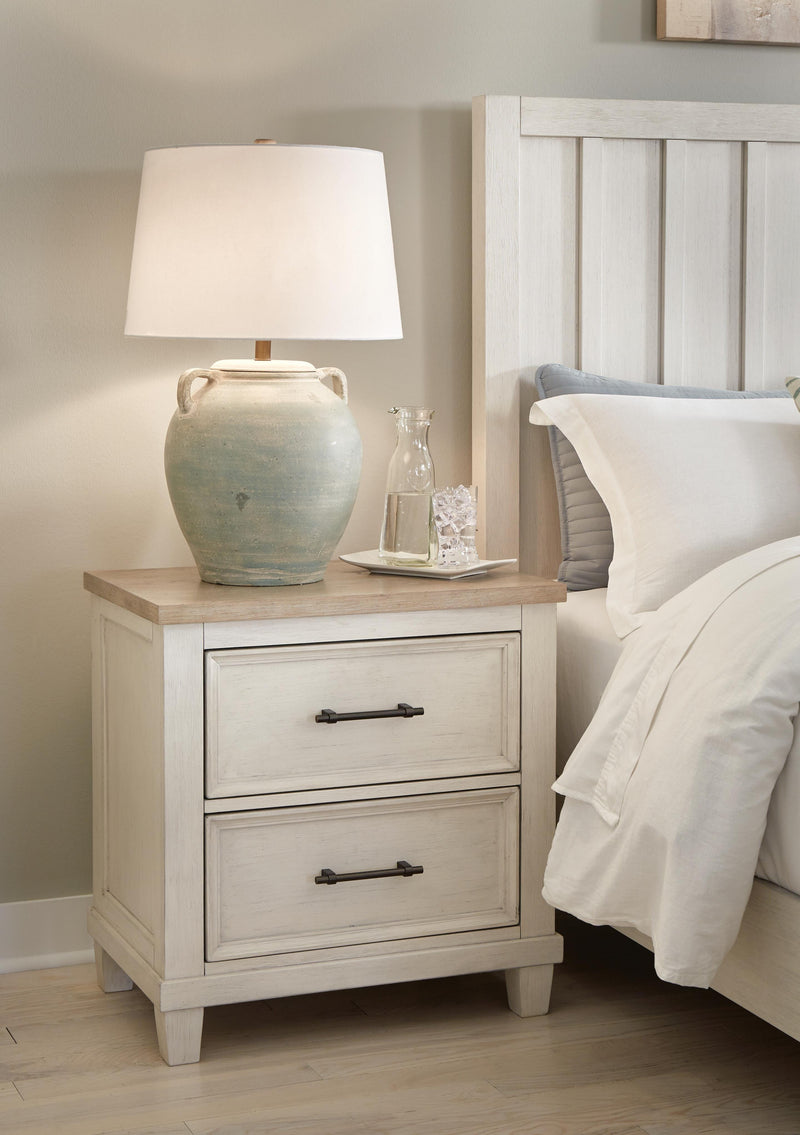Ashley Furniture Shaybrock bedroom set featuring a bed, nightstands, and dresser with a modern wood finish.