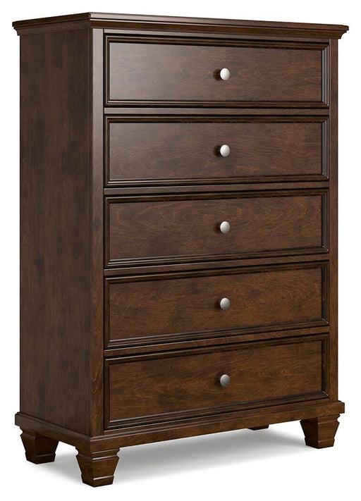 Ashley Furniture Danabrin chest of drawers with angled design, featuring multiple drawers in a modern wooden finish.