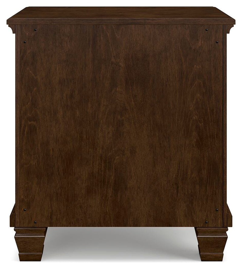Ashley Furniture Danabrin Nightstand with a dark wood finish, featuring a single drawer and open shelf for bedroom storage.
