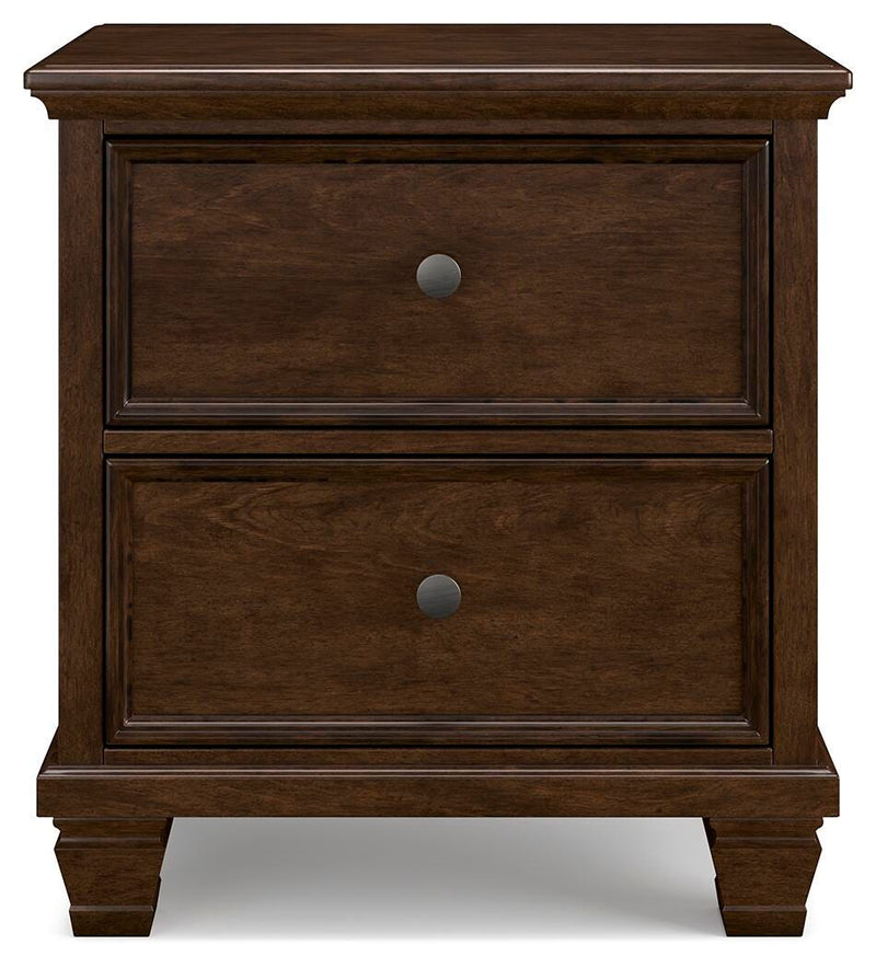 Ashley Furniture Danabrin nightstand with a dark wood finish and sleek drawer design, shown from a front head-on perspective.