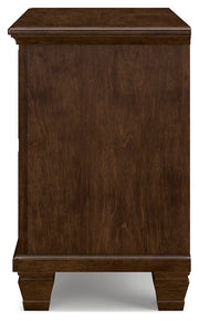 Ashley Furniture Danabrin nightstand with a dark wood finish and modern design, featuring a single drawer and open shelf.
