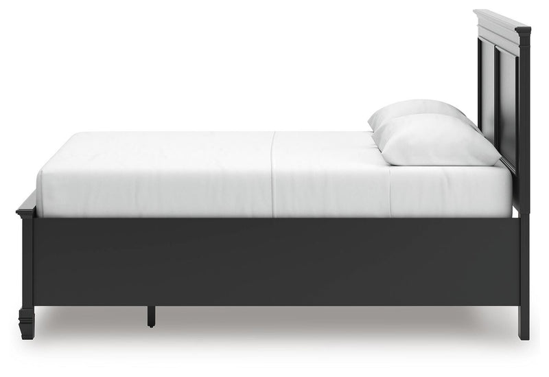 Ashley Furniture Lanolee panel storage bed shown from the side with built-in storage drawers and a modern wood finish