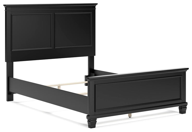 Ashley Furniture Lanolee bed with a wooden frame and upholstered headboard, shown from an angled view.